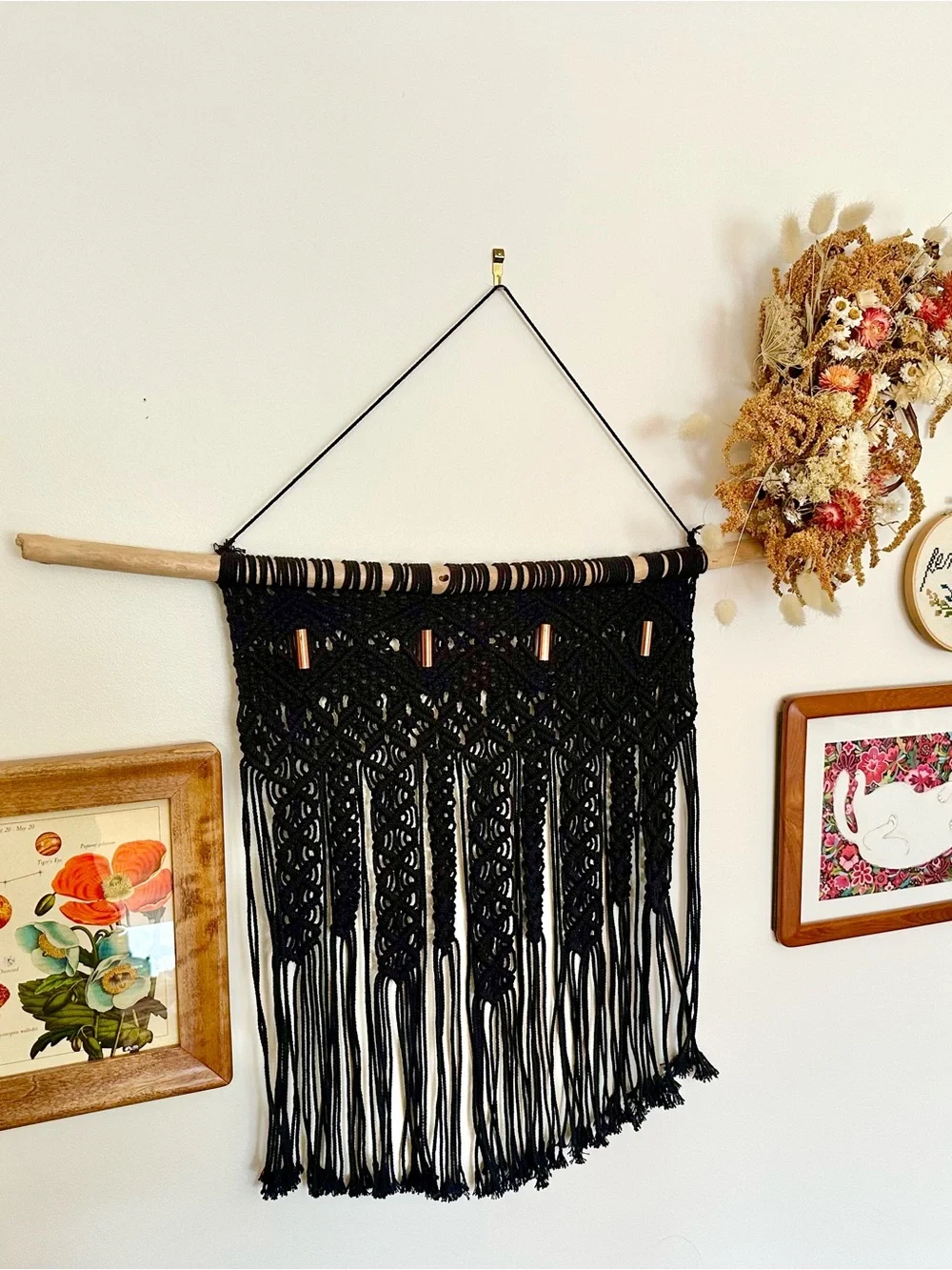 Handcrafted Black Macramé Wall Hanging with Copper Tubes